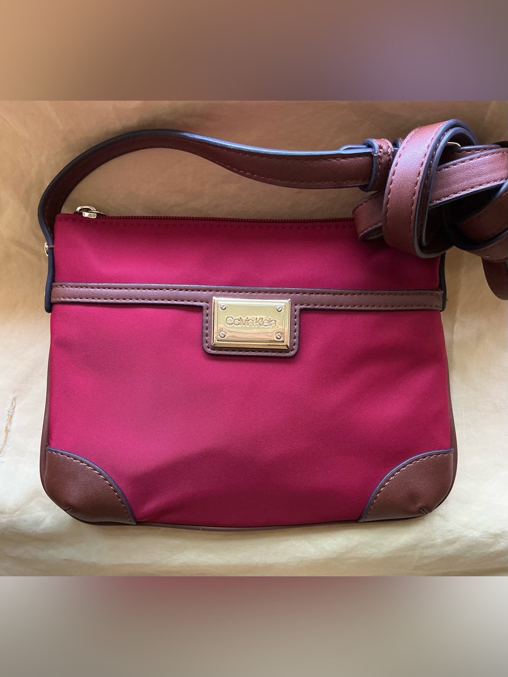 Calvin Klein Red Nylon Brown Trim and Gold Tone Hardware Crossbody Shoulder Bag